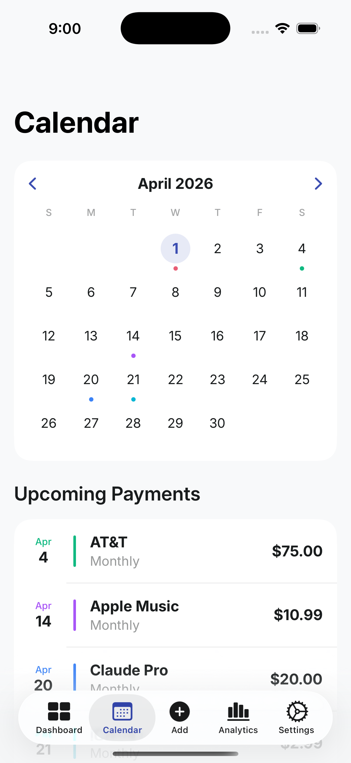 SubTracker calendar view