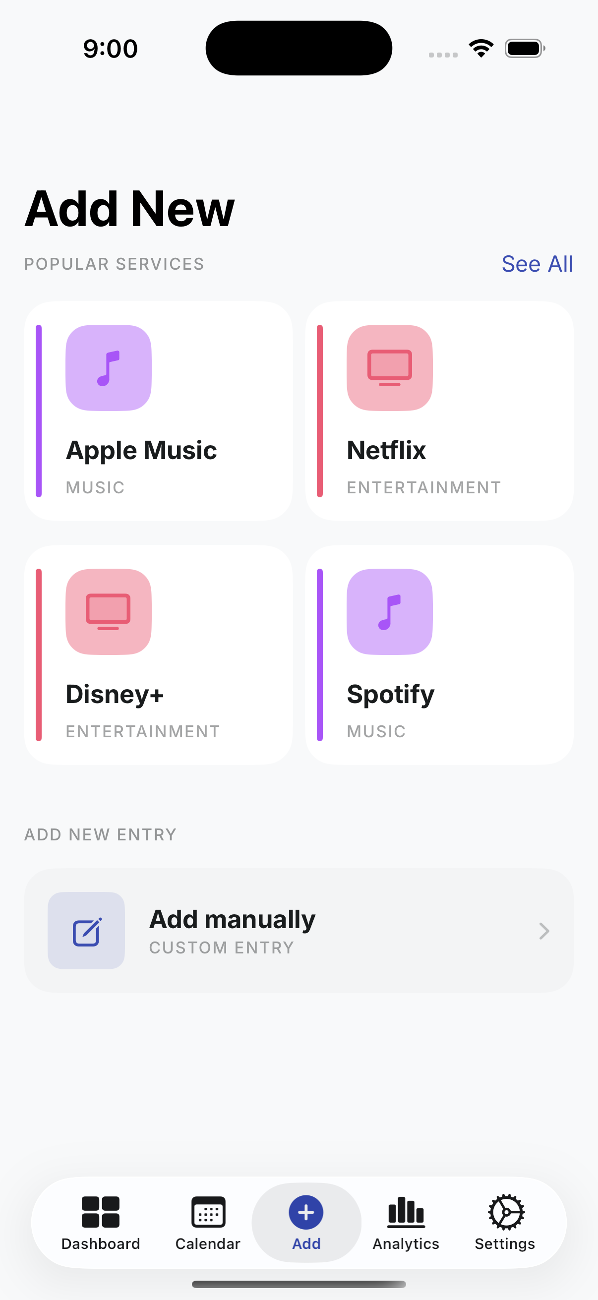 Add subscription screen with popular services